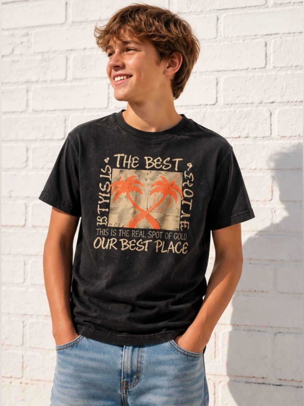 340 Zara Kids Black Graphic Palm Tree Sunset T-Shirt 13-14 Distressed Wash